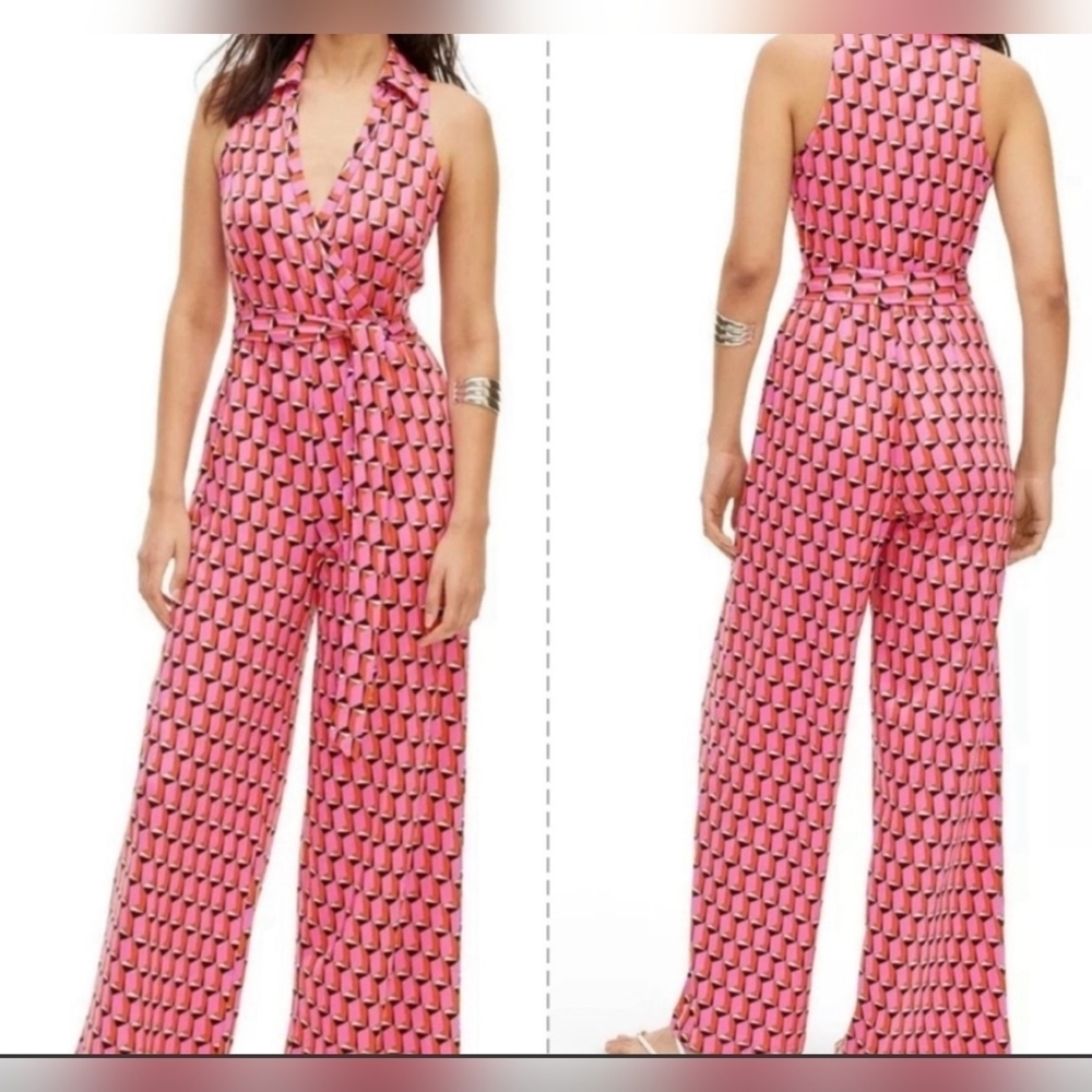 NWT Diane Von Furstenburg x Target V Neck Faux Wrap Geo Print Jumpsuit Pink XS